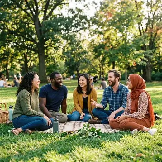 A diverse group of friends laughing together in a park
