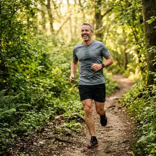 A man jogging happily on a scenic nature trail