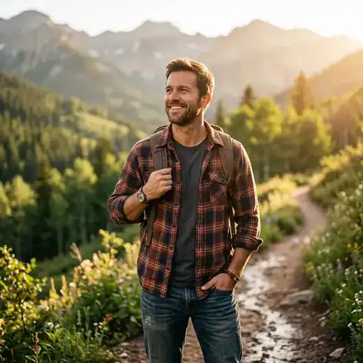 A man hiking confidently on a mountain trail after recovery