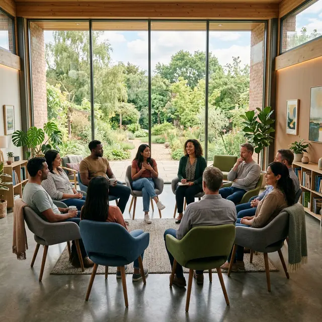 A group therapy session in a bright, modern outpatient treatment facility with diverse participants sitting in a circle