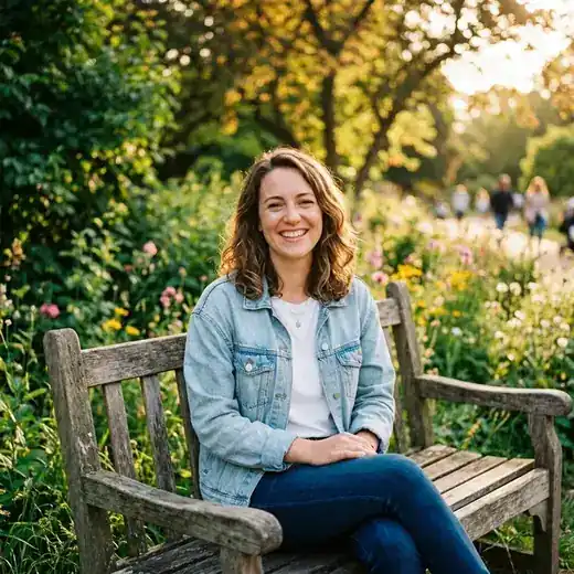 A young woman smiling on a park bench in golden hour sunlight