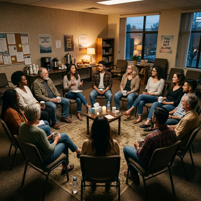 A diverse support group meeting representing AA, NA, and SMART Recovery programs