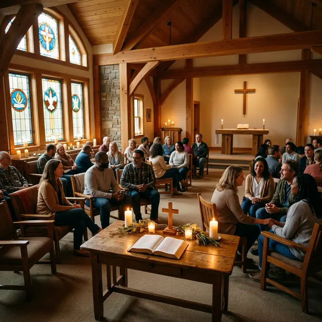 A warm and welcoming faith-based rehabilitation chapel with stained glass light, candles, and community gathering