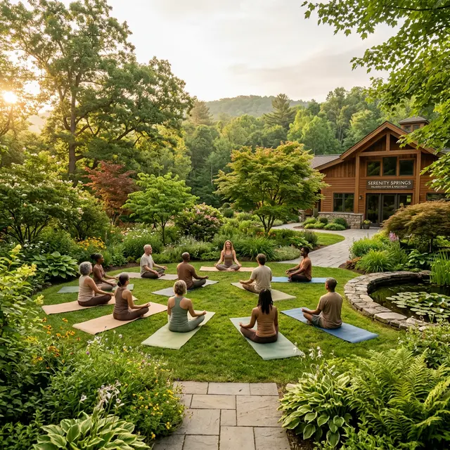 A serene outdoor mindfulness and yoga session at a holistic rehabilitation center surrounded by nature