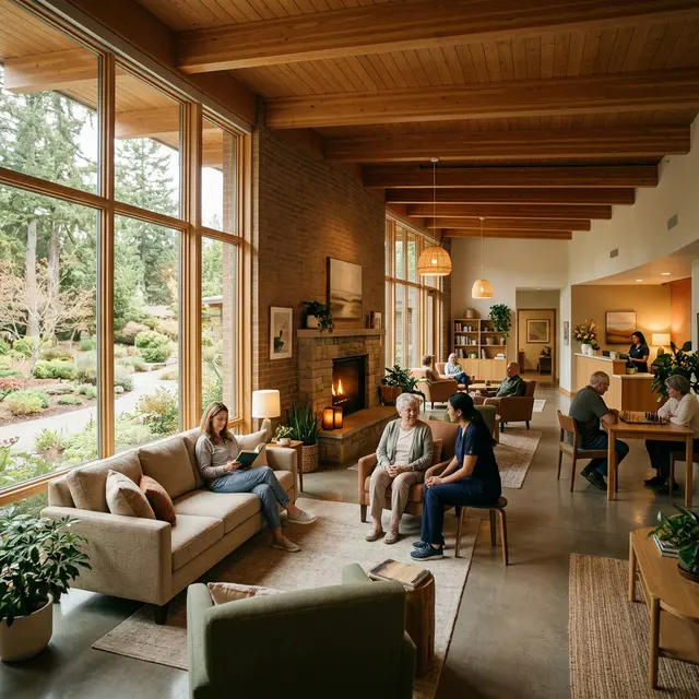 A warm, inviting residential treatment facility lounge with comfortable seating, natural light, and supportive healthcare staff