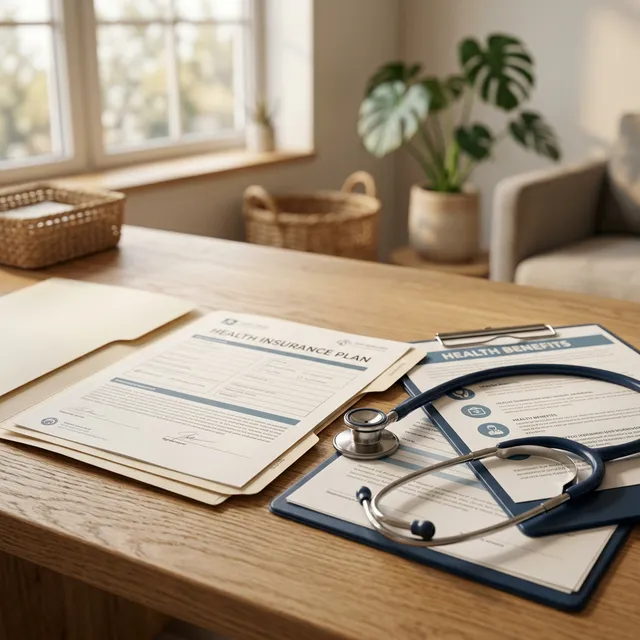 Health insurance documents and stethoscope on a desk representing insurance coverage for rehab