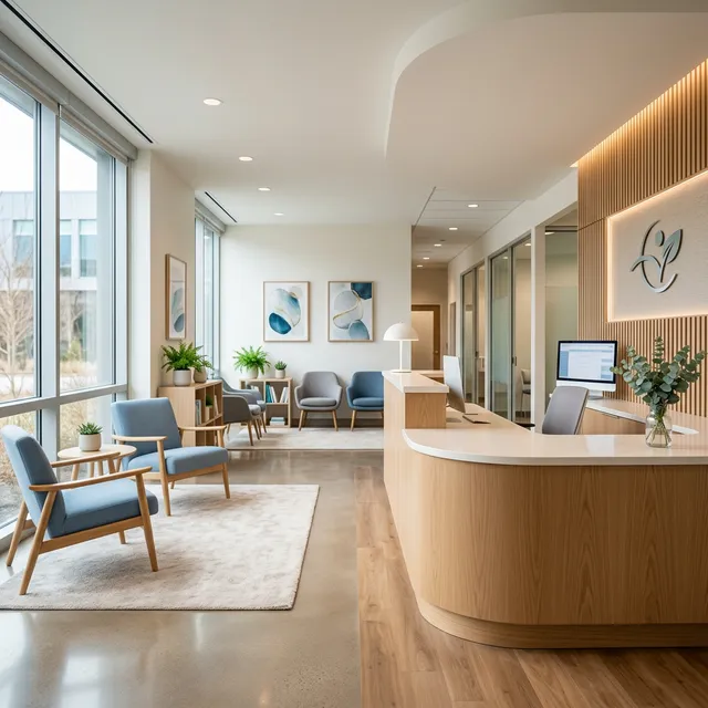 A modern welcoming healthcare office reception area representing insurance and costs guidance