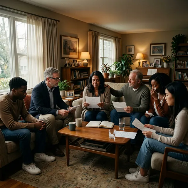 A supportive family gathering preparing for an intervention with professional guidance