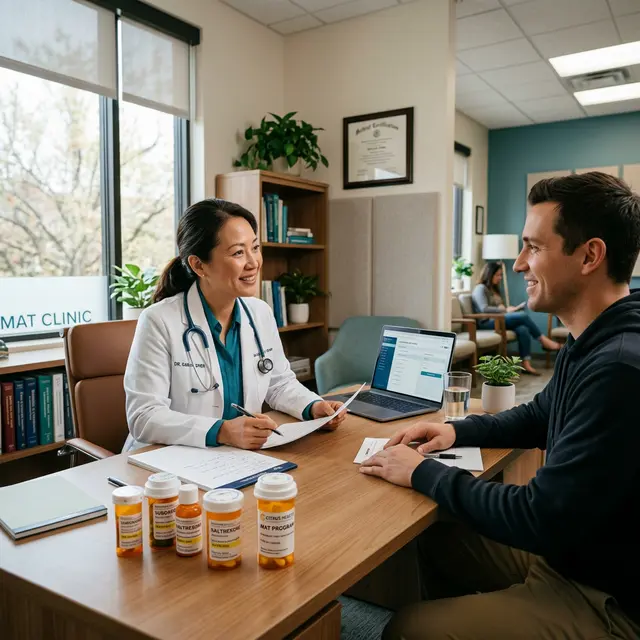 A healthcare provider consulting with a patient about medication-assisted treatment in a warm, modern clinic