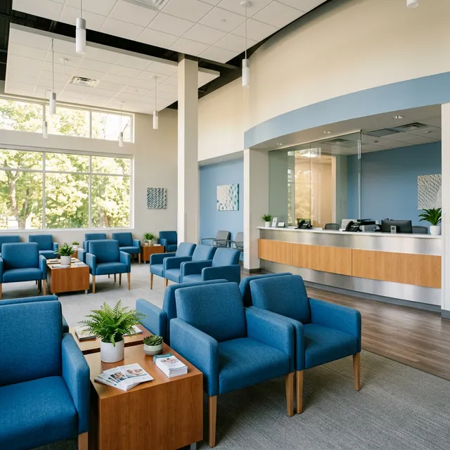 A clean modern medical office waiting area representing Medicaid and Medicare healthcare coverage