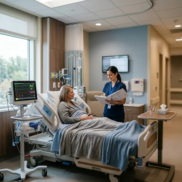 A clean, modern medical detoxification clinical setting with monitoring equipment and caring healthcare professional