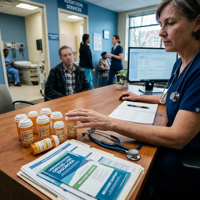A compassionate healthcare professional providing support during opioid addiction treatment