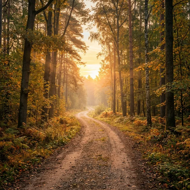 A peaceful sunrise over a winding forest path symbolizing the journey of addiction recovery