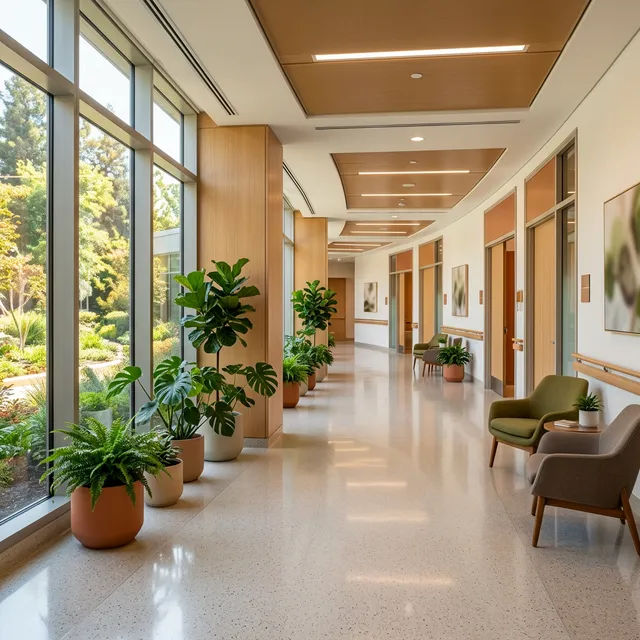 A modern treatment center hallway with warm lighting representing rehab costs and treatment pricing