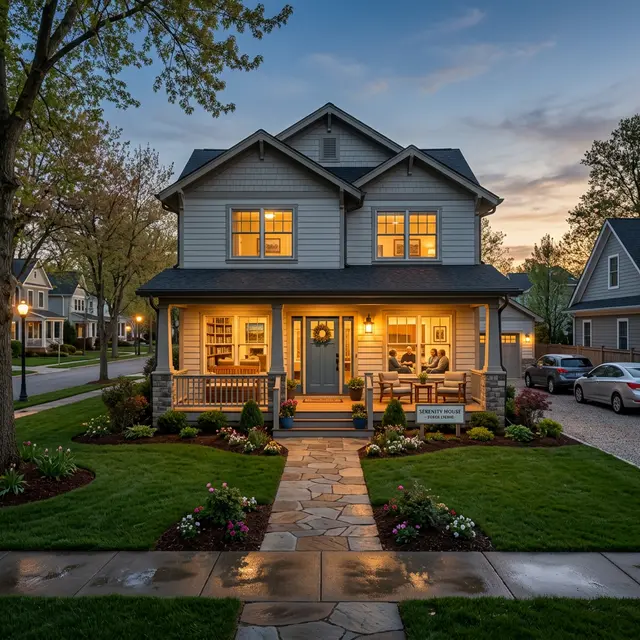 A welcoming, clean sober living home with warm lighting at dusk, landscaped yard, and inviting porch
