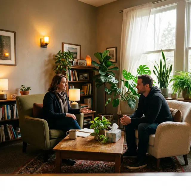 A compassionate therapist and patient in a comfortable, warmly lit therapy office with plants and natural light