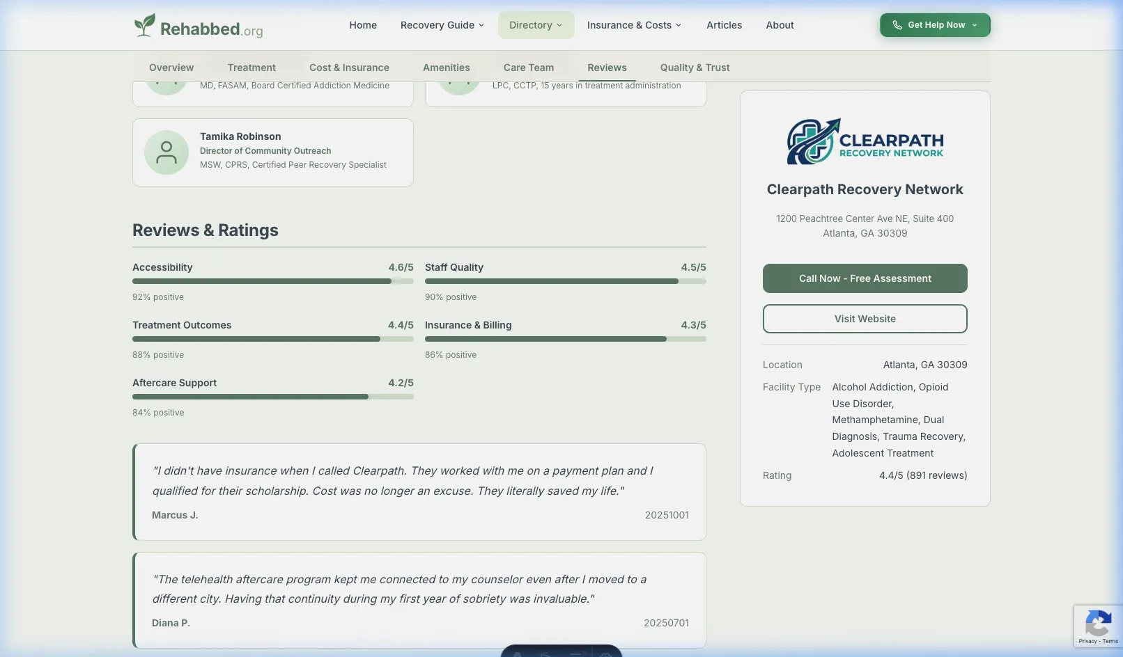 Premium listing care team profiles and reviews